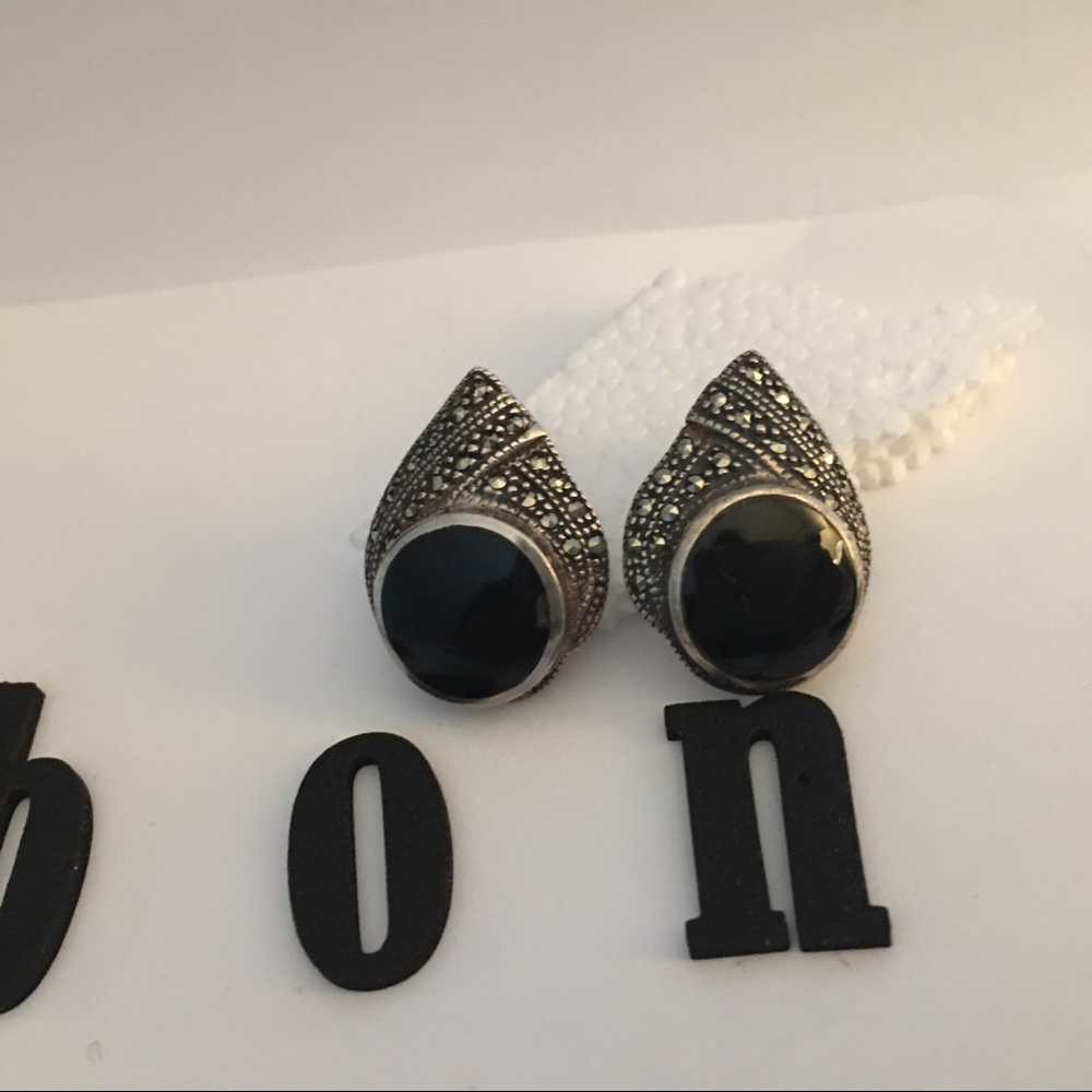 Sterling, Marcacite and Onyx Earrings.